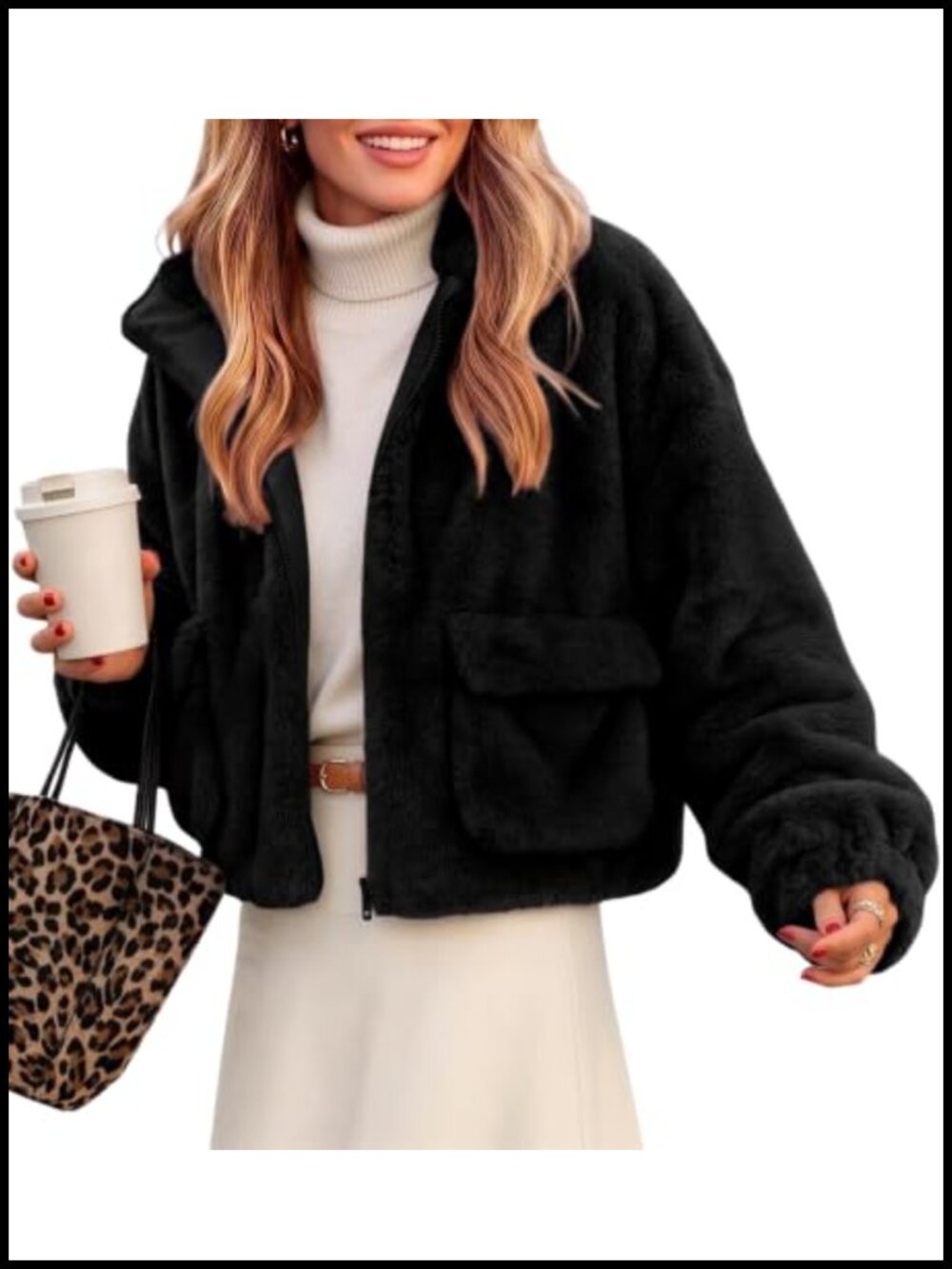 Faux Fur Cropped Zip Up Coat Fuzzy Fluffy Winter Jacket